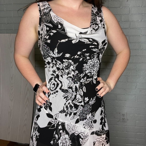 Vintage Sheer Asymmetrical Hem Black and White Beaded Midi Dress Size Medium - Picture 5 of 12